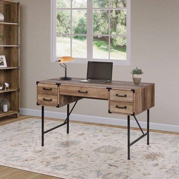 Writing Desk Five Drawers Turned Legs Cup Pulls White Matte
