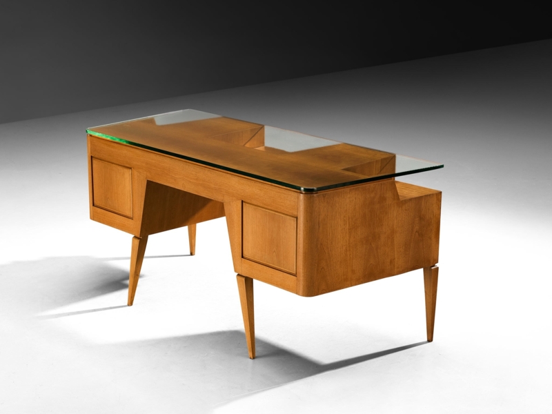 Writing Desk Floating Glass Top Sculptural Walnut Frame Four Drawers