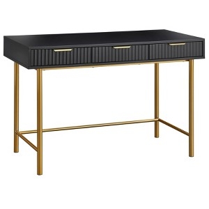 Writing Desk Fluted Drawer Fronts Cream And Wood Contrast Gold Legs