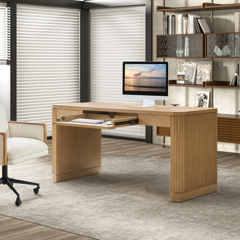 Writing Desk Fluted Drawer Fronts Slatted Trestle Base Japandi Style