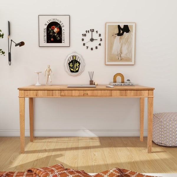 Writing Desk Fluted Drawer Natural Blonde Tapered Legs Modern Farmhouse