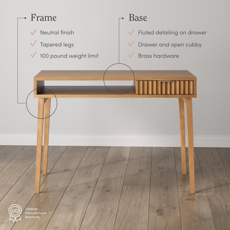 Writing Desk Fluted Front Compact Design Tapered Legs Boho Wood Desk
