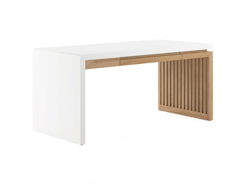 Writing Desk Fluted Legs Three Drawer Storage Light Wood Grain