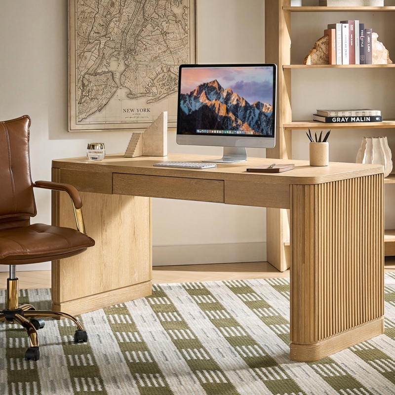 Writing Desk Fluted Pedestal Legs Rounded Top Contemporary Office