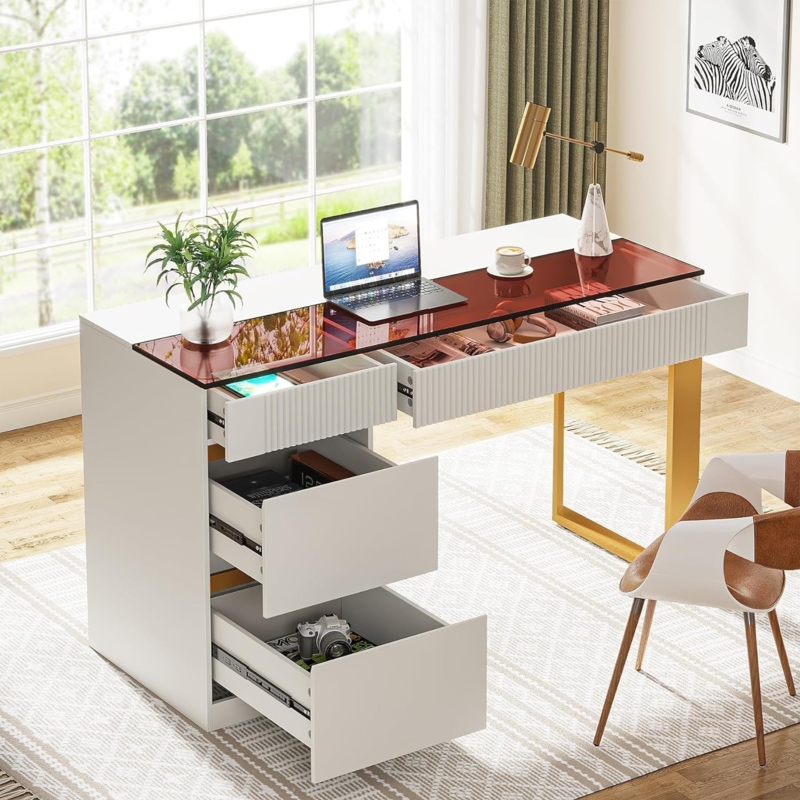 Writing Desk Four Drawers Gold Hardware Glass Top Modern Glam