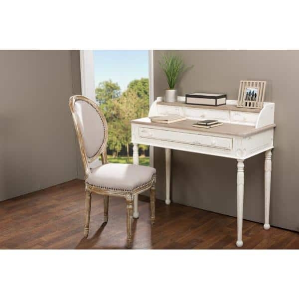 Writing Desk French Country Four Drawers Distressed White Accent