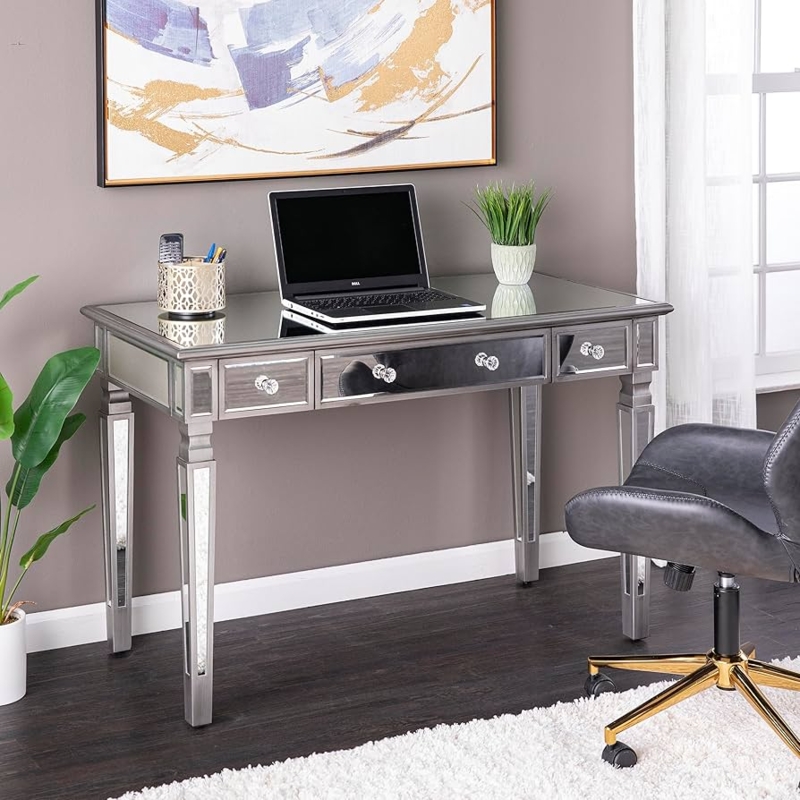 Writing Desk Glam Mirrored Panels Crystal Knobs Three Drawers