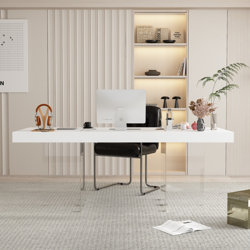 Writing Desk Glass Slab Legs Gold Hardware Two Drawers Glam