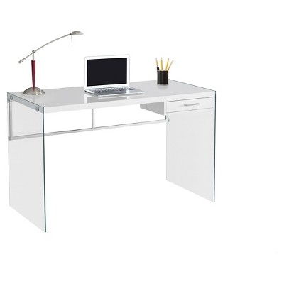 Writing Desk Glossy White X-Frame Legs Tempered Glass Top Contemporary