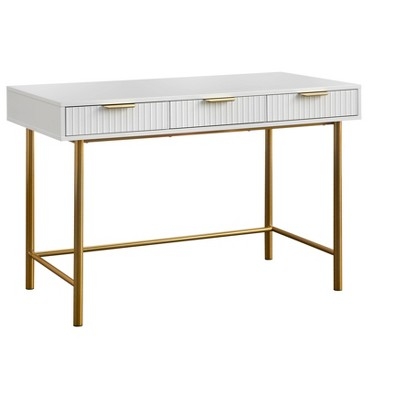 Writing Desk Gold Cross Brace Legs Three Drawer Front White Ring Pulls
