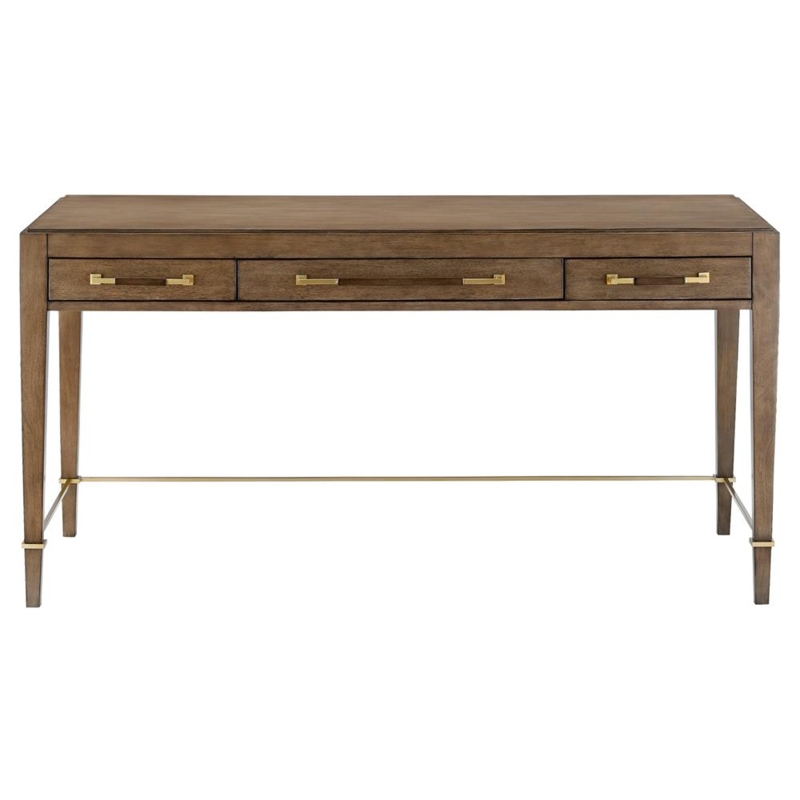 Writing Desk Gold Metal Pulls Mahogany Wood Tone Three Drawers
