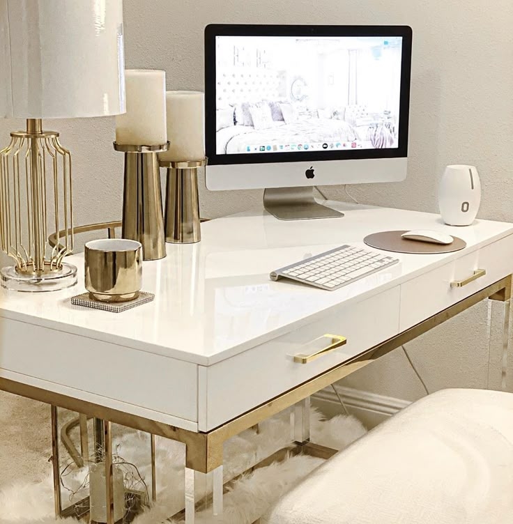 Writing Desk Gold Sawhorse Legs White Lacquer Finish Two Drawers