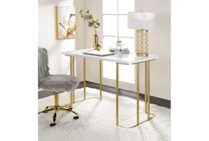 Writing Desk Gold Sled Base Center Drawer Round Hardware White Finish