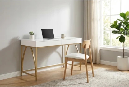 Writing Desk Gold Toned Legs Slim Silhouette White Lacquer Look