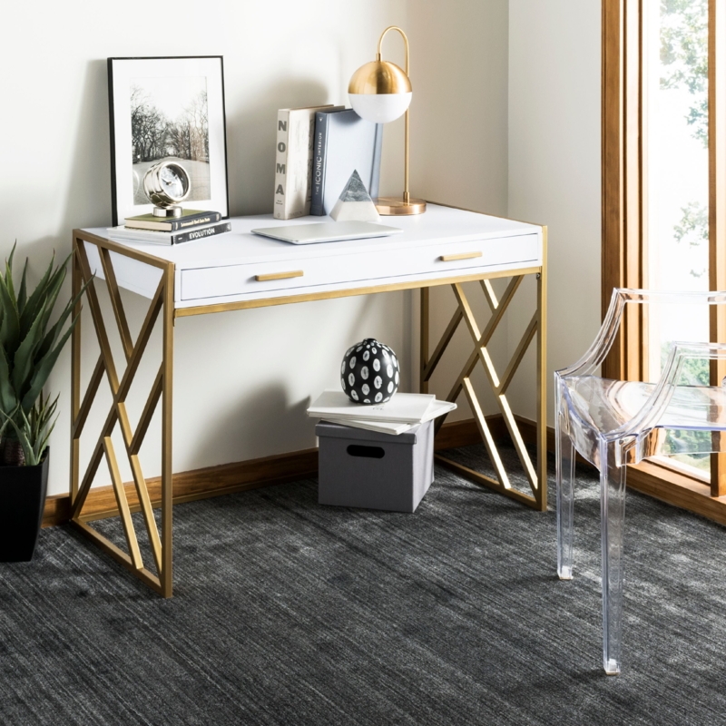 Writing Desk Gold Trestle Base White Lacquer Finish Single Drawer