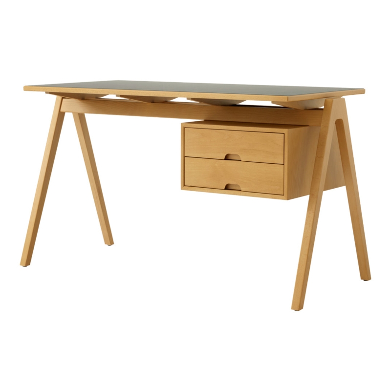 Writing Desk Green Top Angled Legs Integrated Cabinet Beech Wood Desk