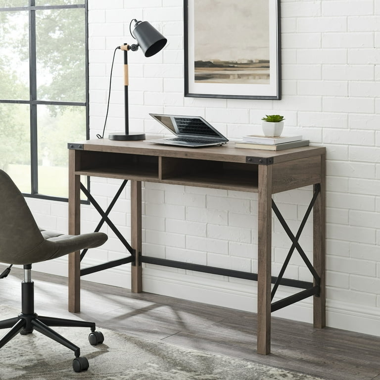 Writing Desk Grey Wash Finish Metal X-Frame Sides Open Shelves