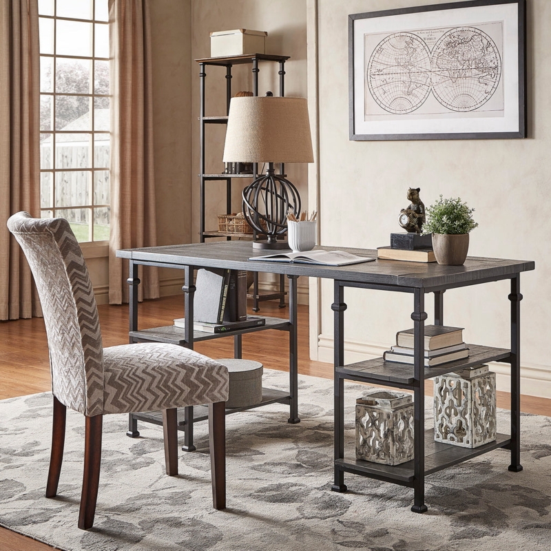 Writing Desk Grey Wood X-Frame Industrial Storage Desk With Drawers