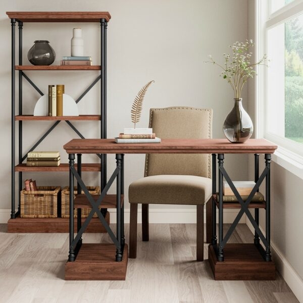 Writing Desk H-Frame Base Two Drawers Silver Hardware Dark Brown