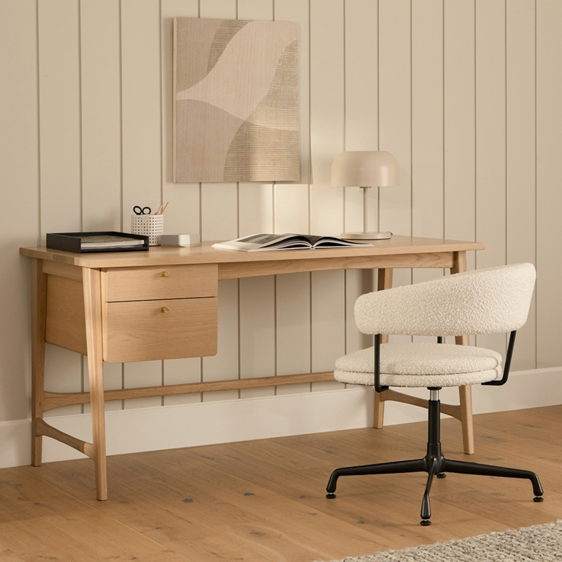 Writing Desk Handleless Drawers Light Oak Tapered Legs Minimalist