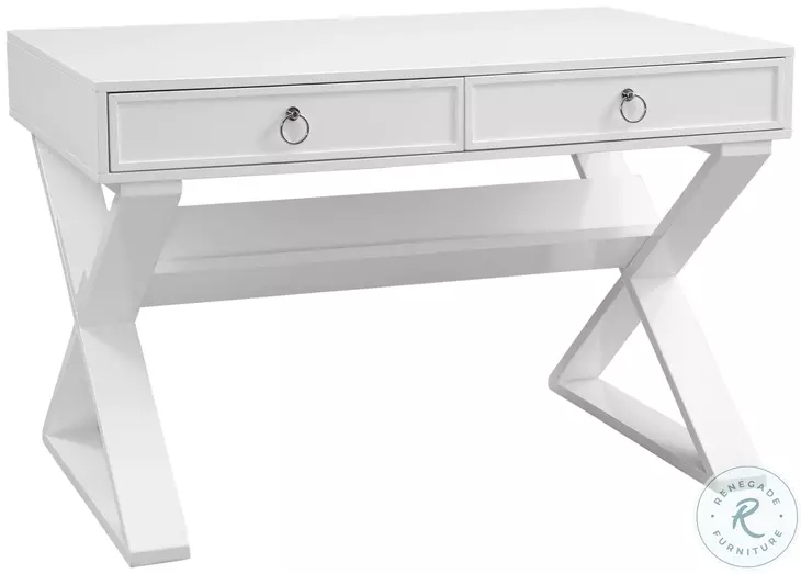 Writing Desk High Gloss Finish Gold Metal Base Three Drawer Storage