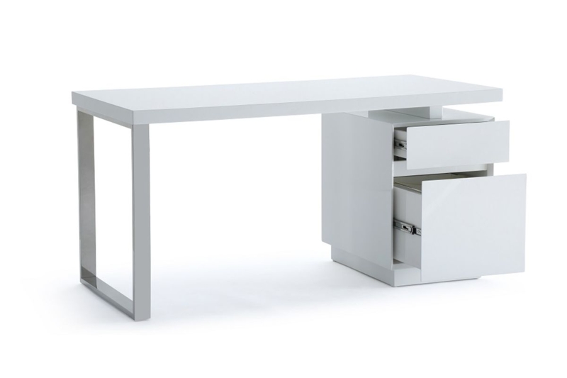 Writing Desk High Gloss White Finish with Polished Metal U-Legs