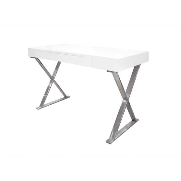 Writing Desk High Gloss White Top Polished Silver X-Frame Legs