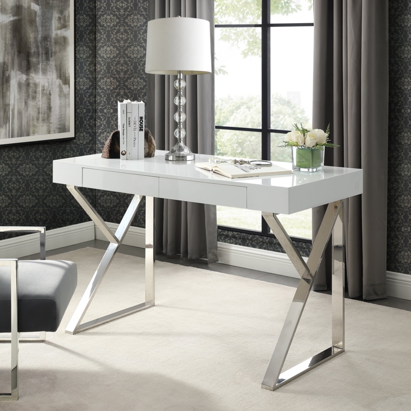 Writing Desk in High Gloss White with Two Drawers and Chrome Base
