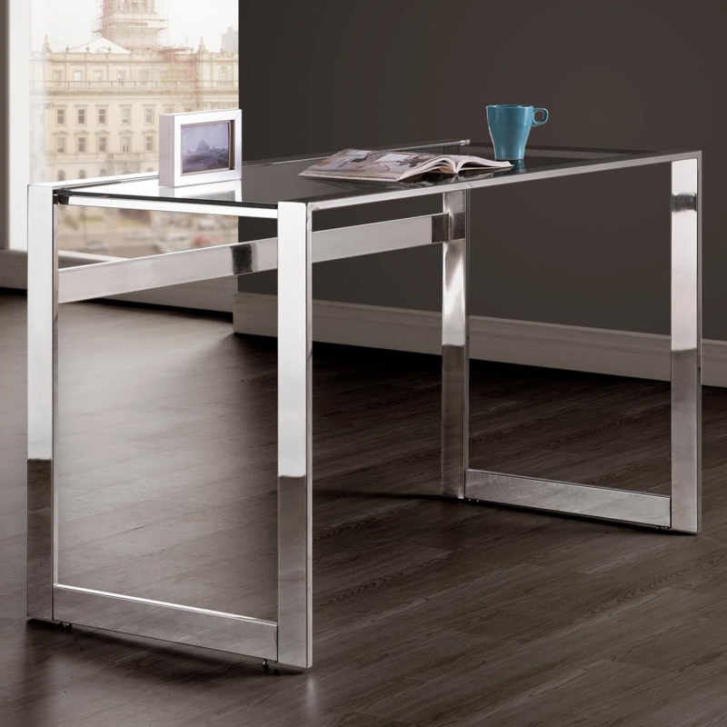 Writing Desk in Polished Chrome with Tempered Glass X-Frame Base