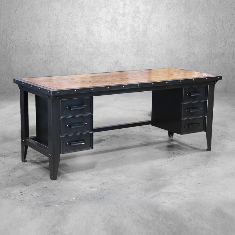 Writing Desk Industrial Machinist Style Metal Drawers Thick Wood Top