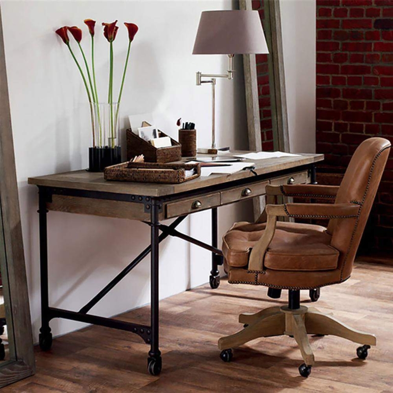 Writing Desk Industrial Rolling Office Desk Pine Wood Top
