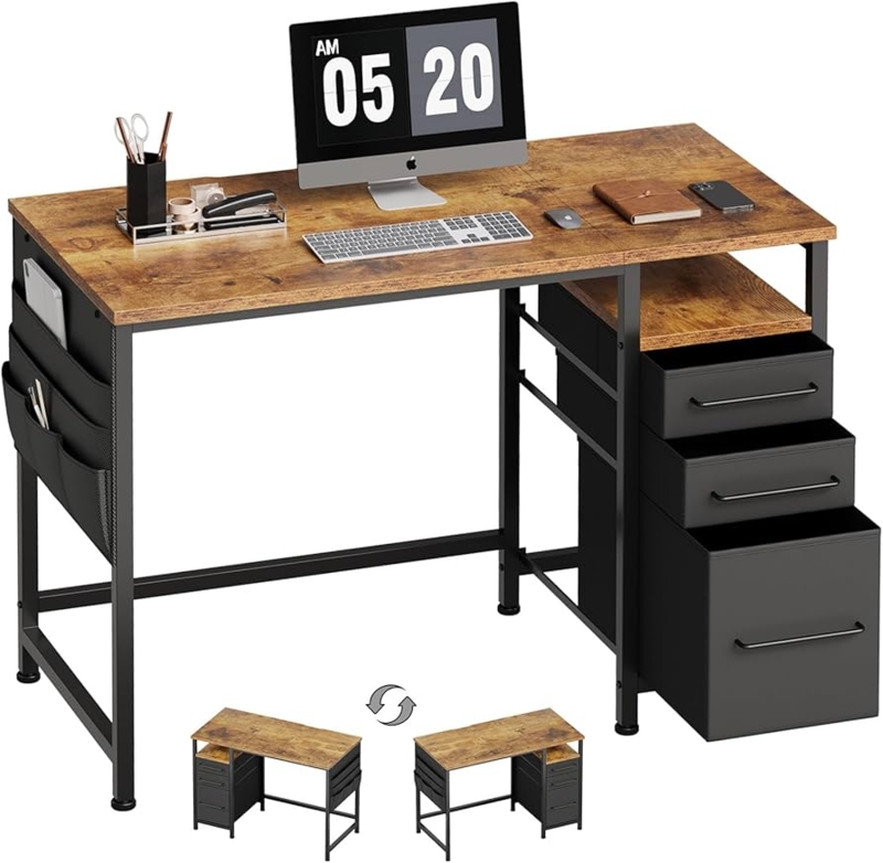 Writing Desk Industrial Rustic Brown with Metal X-Brace and Two Drawers