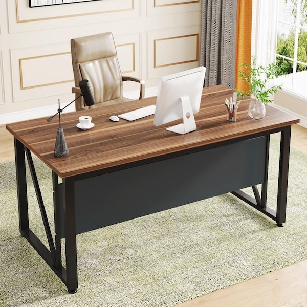 Writing Desk Industrial Rustic Brown X-Frame Metal Base Side Shelf