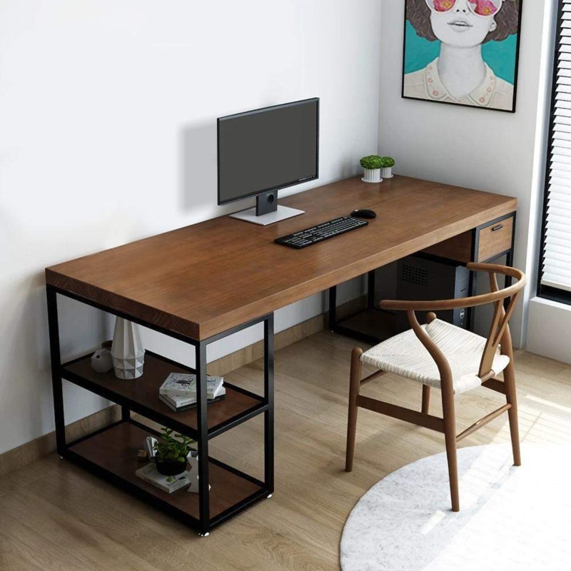 Writing Desk Industrial Rustic Pine X-Frame Base with Lower Shelf