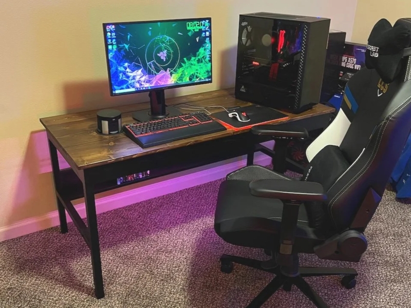 Writing Desk Industrial Thick Wood Top LED Lighting Integrated Power
