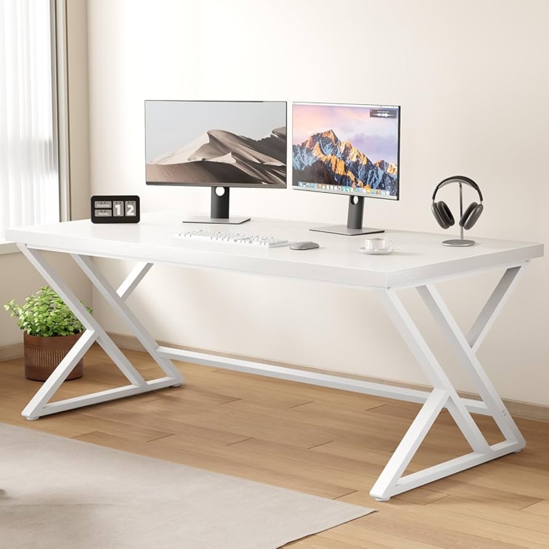 Writing Desk Industrial X-Frame Bracing with Black Metal and Wood Top
