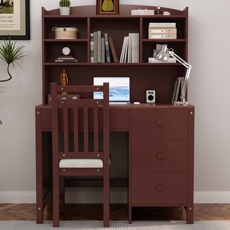 Writing Desk Integrated Bookshelf Hutch Four Drawers Upholstered Chair