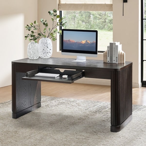 Writing Desk Integrated Power Slatted Base Natural Wood Japandi