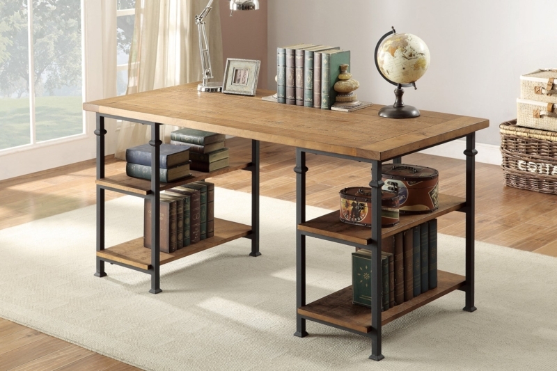 Writing Desk Integrated Side Shelves Slanted Metal Frame Rustic Industrial