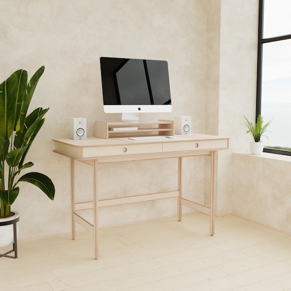 Writing Desk Japandi Style Handleless Design Plywood Tapered Legs