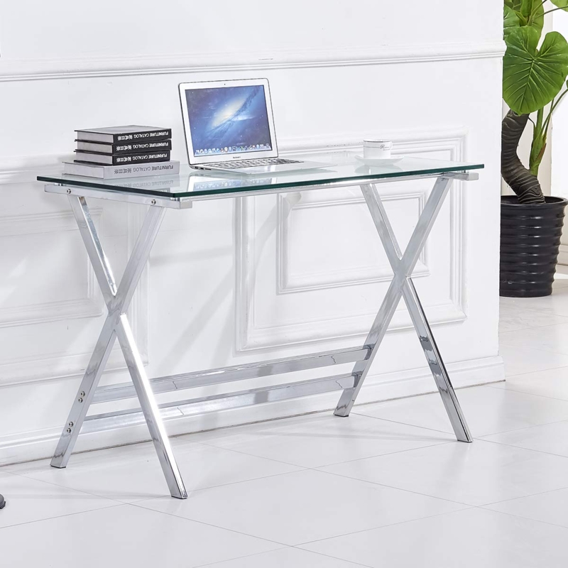 Writing Desk K-Shaped Legs White Metal Frame Tempered Glass Modern