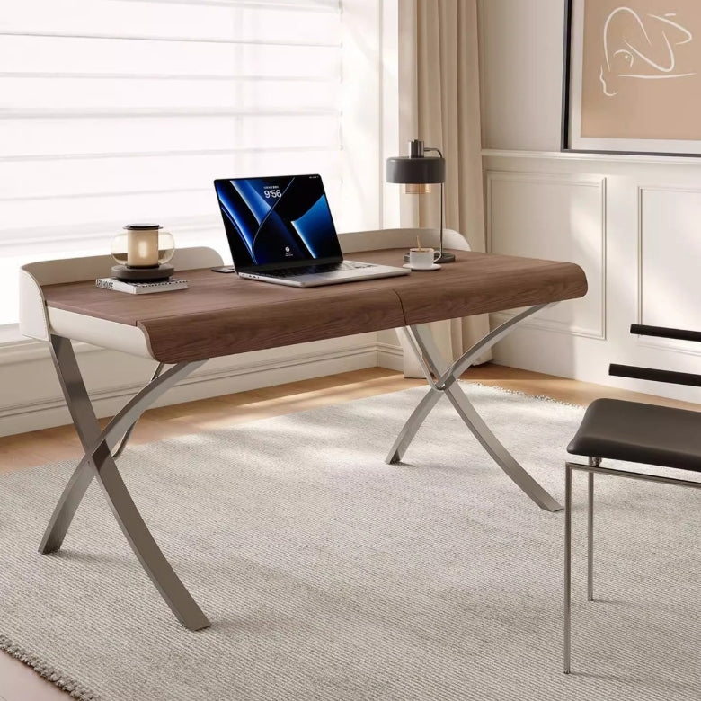 Writing Desk Leather Wrapped Saddle Brown X Shape Leg Baffle