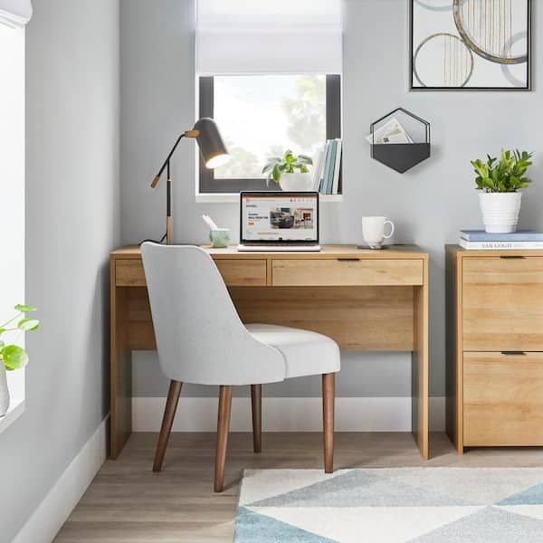 Writing Desk Light Oak Finish Dual Drawer Storage Scandi Style