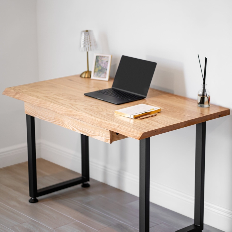 Writing Desk Live Edge Light Oak Integrated Drawer Black Metal Legs