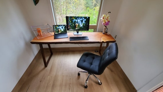 Writing Desk Live Edge Slab Top Black Metal Legs Satin Wood Finish