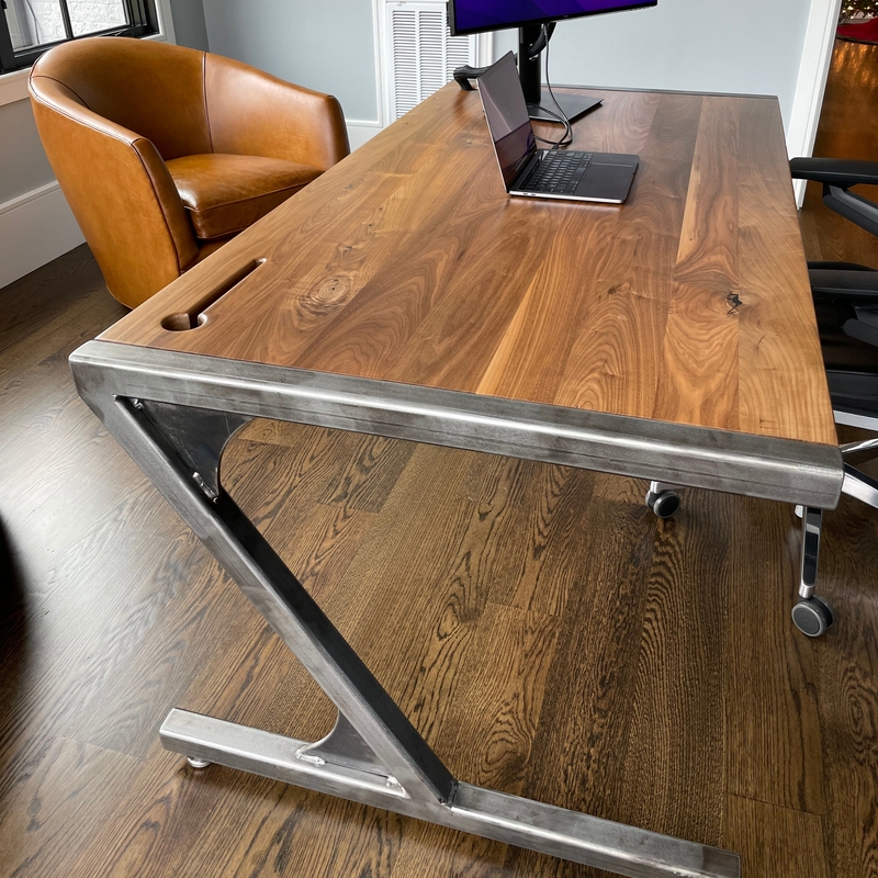 Writing Desk Live Edge Slab Top, Steel Z-Base, Modern Industrial Design.