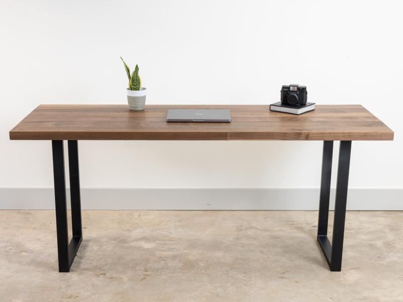 Writing Desk Live Edge Walnut Toned Sled Legs. Metal Frame.