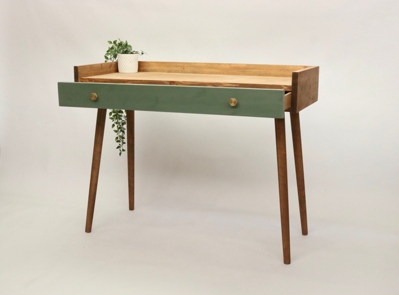Writing Desk Low Back Ledge Tapered Legs Minimalist Mid-Century