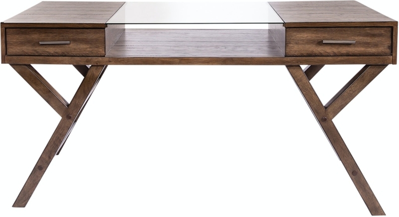 Writing Desk Lower Shelf Two Drawers Warm Wood Tone Mid-Century Modern