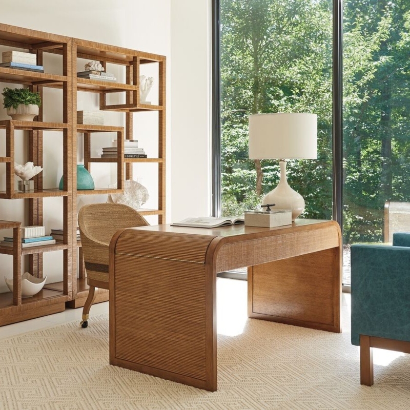 Writing Desk Luxury Waterfall Edge Desk Rattan Panels Wood Toned